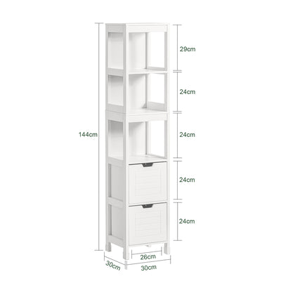 SoBuy FRG126-W, Bathroom Storage Cabinet Slim Tall 3-Tier Shelves with 2 Drawers White MDF Cupboard Freestanding Narrow Bathroom Cabinet for Toilet Sink Kitchen Corner 30x30x144cm