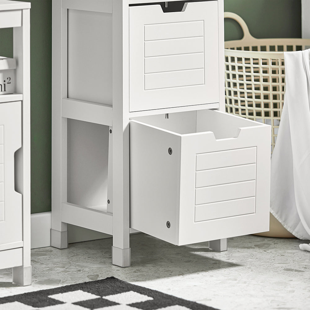 SoBuy FRG126-W, Bathroom Storage Cabinet Slim Tall 3-Tier Shelves with 2 Drawers White MDF Cupboard Freestanding Narrow Bathroom Cabinet for Toilet Sink Kitchen Corner 30x30x144cm