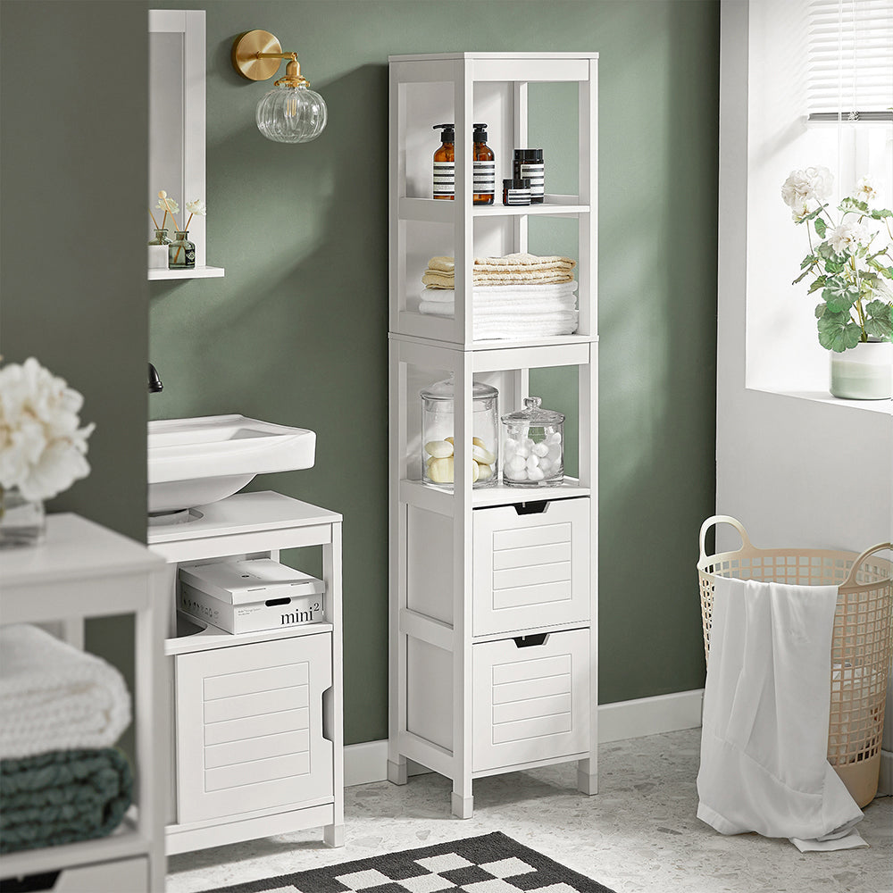 SoBuy FRG126-W, Bathroom Storage Cabinet Slim Tall 3-Tier Shelves with 2 Drawers White MDF Cupboard Freestanding Narrow Bathroom Cabinet for Toilet Sink Kitchen Corner 30x30x144cm