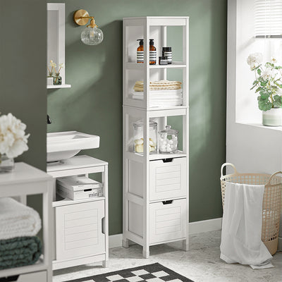 SoBuy FRG126-W, Bathroom Storage Cabinet Slim Tall 3-Tier Shelves with 2 Drawers White MDF Cupboard Freestanding Narrow Bathroom Cabinet for Toilet Sink Kitchen Corner 30x30x144cm