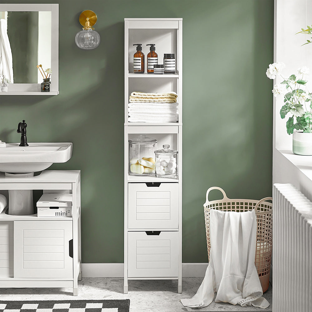 SoBuy FRG126-W, Bathroom Storage Cabinet Slim Tall 3-Tier Shelves with 2 Drawers White MDF Cupboard Freestanding Narrow Bathroom Cabinet for Toilet Sink Kitchen Corner 30x30x144cm