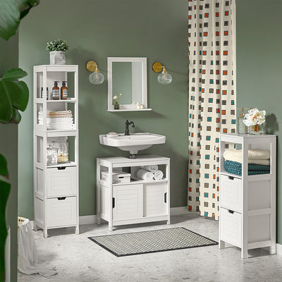 SoBuy FRG126-W, Bathroom Storage Cabinet Slim Tall 3-Tier Shelves with 2 Drawers White MDF Cupboard Freestanding Narrow Bathroom Cabinet for Toilet Sink Kitchen Corner 30x30x144cm