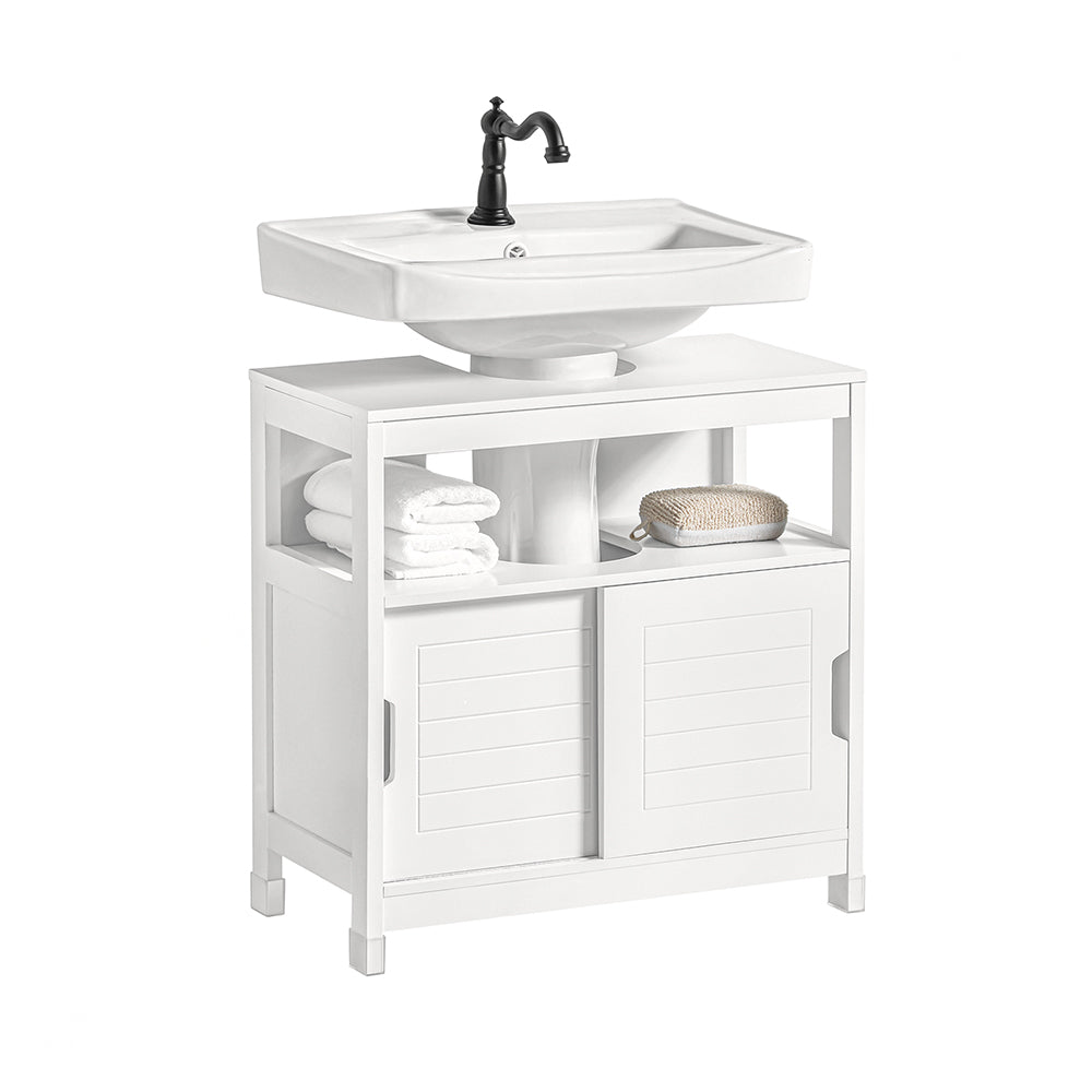 SoBuy FRG128-II-W, Under Sink Bathroom Cabinet with Sliding Doors, Slim Bathroom Storage Unit for Small Spaces, Toilet Sink Cupboard Organizer, Floor Cabinet for Bathroom Basin, White, 60x30x61cm