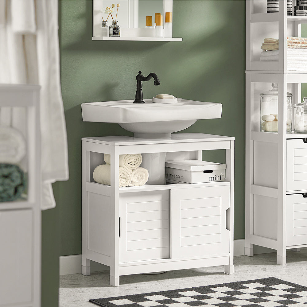 SoBuy FRG128-II-W, Under Sink Bathroom Cabinet with Sliding Doors, Slim Bathroom Storage Unit for Small Spaces, Toilet Sink Cupboard Organizer, Floor Cabinet for Bathroom Basin, White, 60x30x61cm