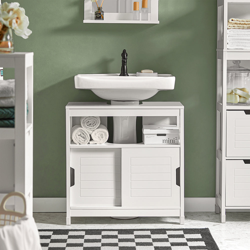 SoBuy FRG128-II-W, Under Sink Bathroom Cabinet with Sliding Doors, Slim Bathroom Storage Unit for Small Spaces, Toilet Sink Cupboard Organizer, Floor Cabinet for Bathroom Basin, White, 60x30x61cm