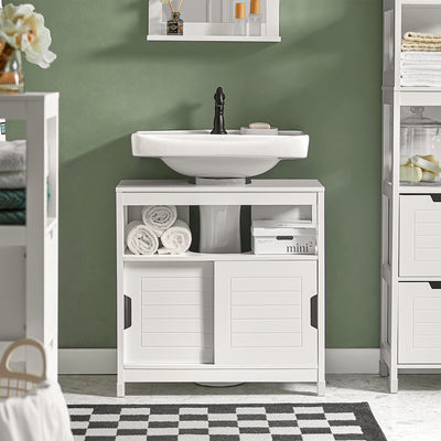 SoBuy FRG128-II-W, Under Sink Bathroom Cabinet with Sliding Doors, Slim Bathroom Storage Unit for Small Spaces, Toilet Sink Cupboard Organizer, Floor Cabinet for Bathroom Basin, White, 60x30x61cm