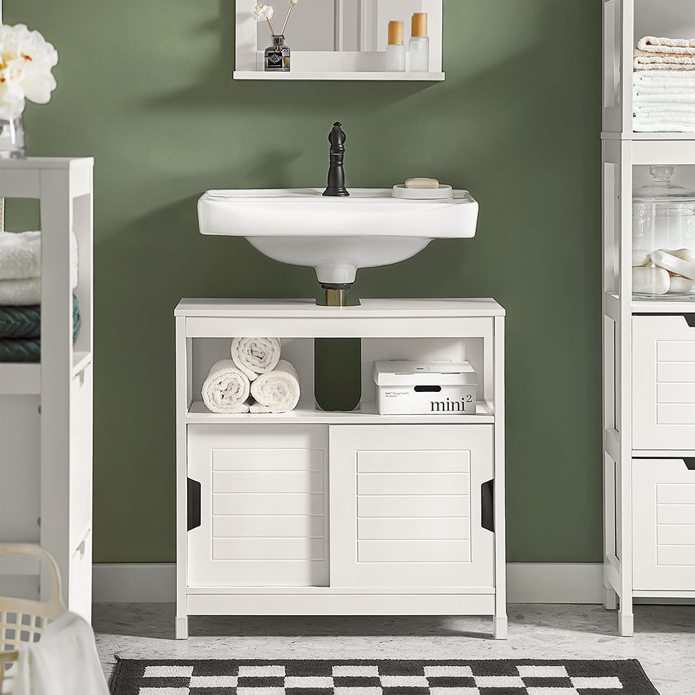 SoBuy FRG128-W, Under Sink Bathroom Storage Cabinet with Shelf and Double Sliding Door, White