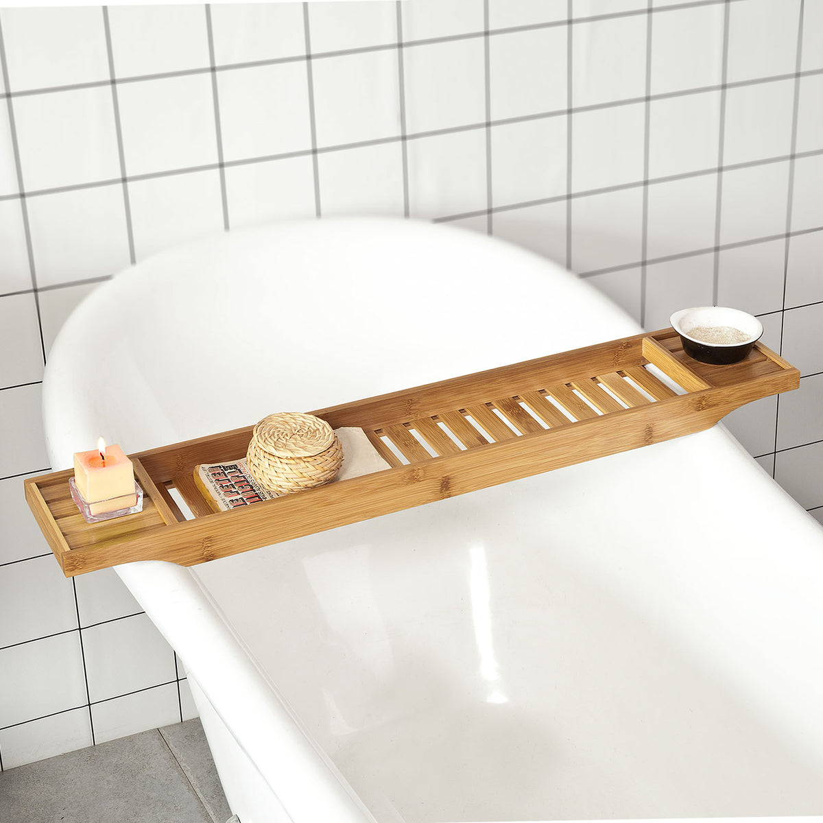 SoBuy FRG212-N, Bamboo Bathtub Bridge Soap Dish and Shower Bathtub Sink Rack, Wood