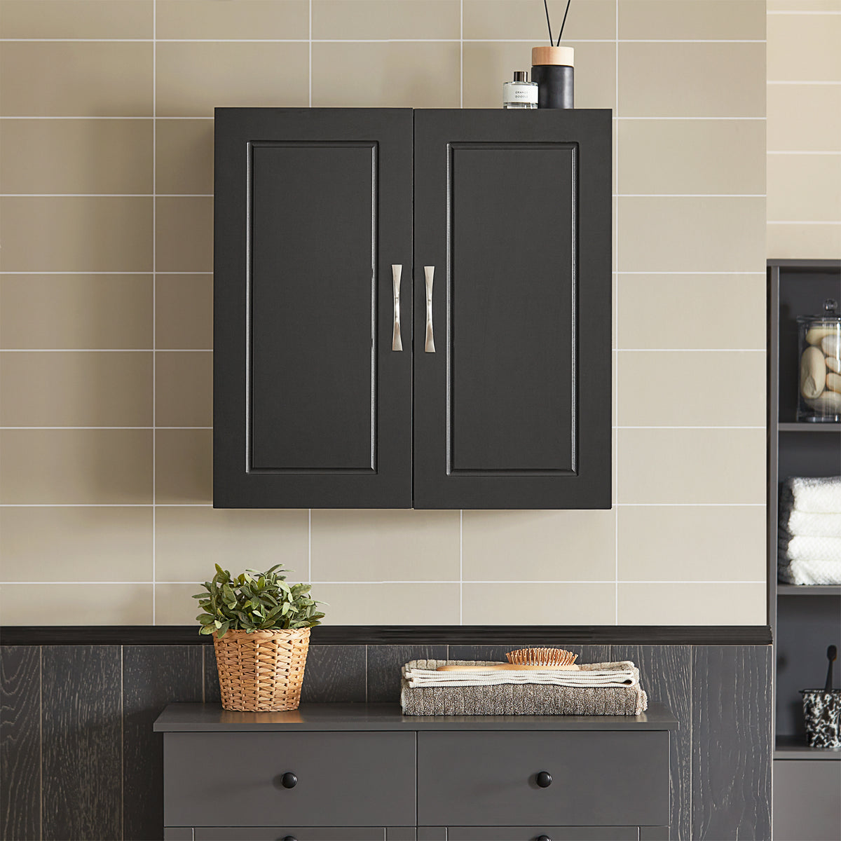 SoBuy FRG231-SCH, Double Doors Home Kitchen Bathroom Wall Cabinet Wall Storage Cabinet Unit, Black