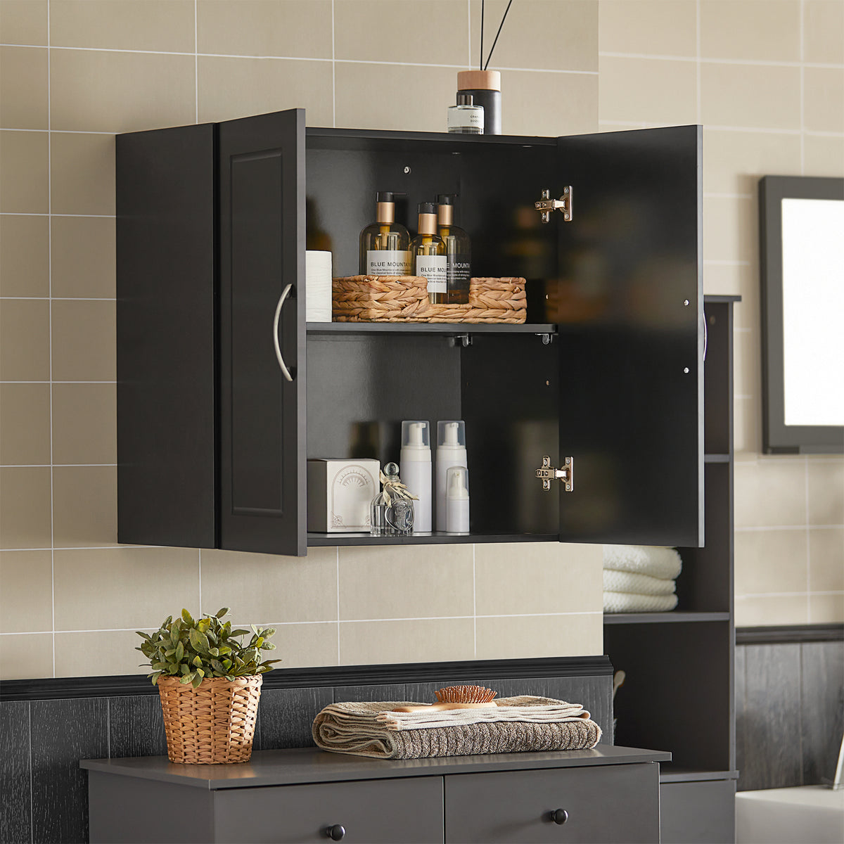 SoBuy FRG231-SCH, Double Doors Home Kitchen Bathroom Wall Cabinet Wall Storage Cabinet Unit, Black