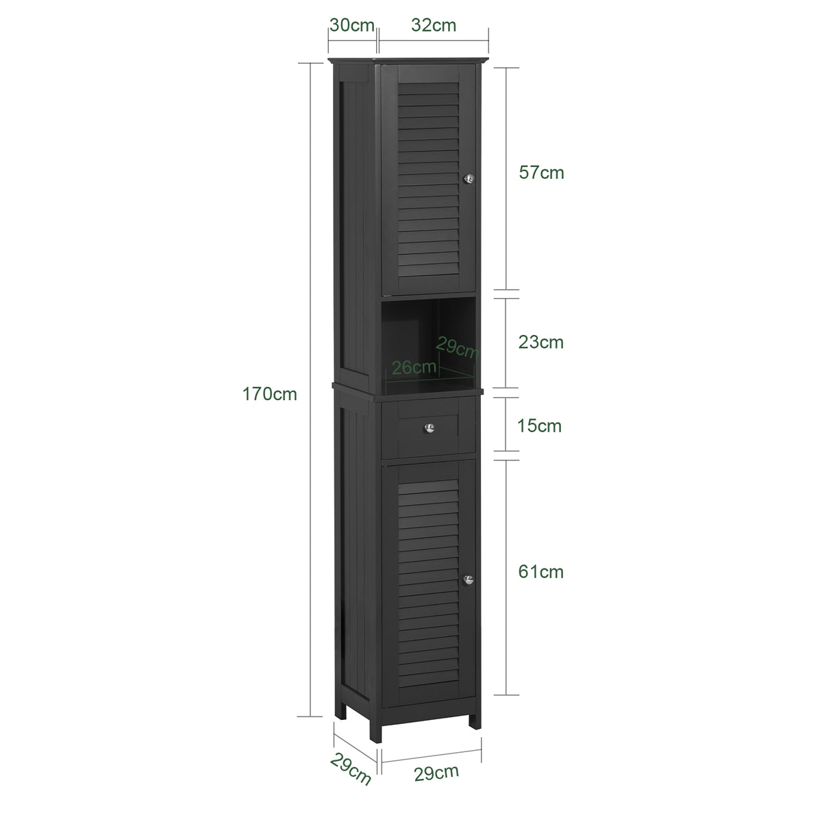 SoBuy FRG236-DG dimensions infographic W32×D30×H170cm tall bathroom cabinet