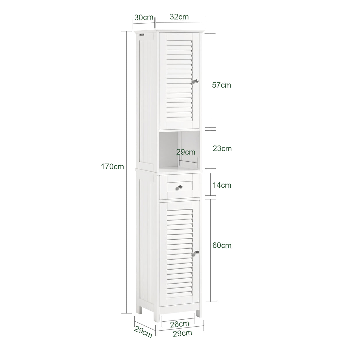 SoBuy FRG236-W, Tall Bathroom Storage Cabinet Freestanding Bathroom Unit with 2 Doors, Drawer and Open Shelf Narrow Bathroom Furniture for Toilet Laundry or Hallway White W32 x D30 x H170cm