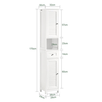 SoBuy FRG236-W, Tall Bathroom Storage Cabinet Freestanding Bathroom Unit with 2 Doors, Drawer and Open Shelf Narrow Bathroom Furniture for Toilet Laundry or Hallway White W32 x D30 x H170cm