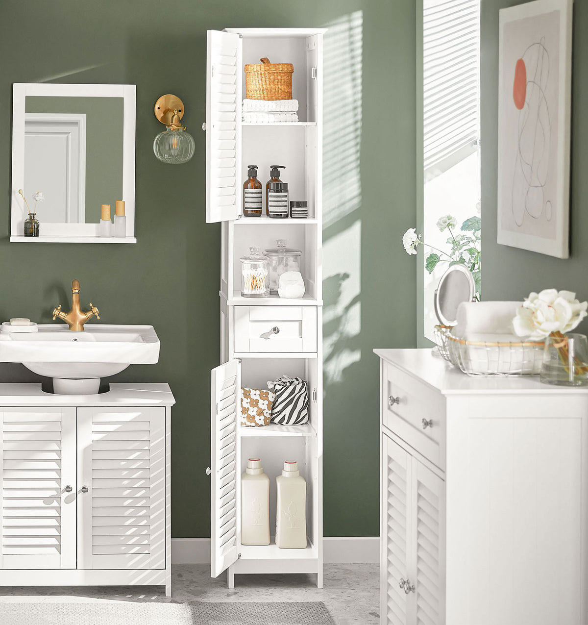 SoBuy FRG236-W, Tall Bathroom Storage Cabinet Freestanding Bathroom Unit with 2 Doors, Drawer and Open Shelf Narrow Bathroom Furniture for Toilet Laundry or Hallway White W32 x D30 x H170cm