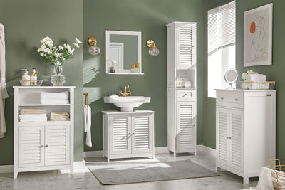 SoBuy FRG237-II-W, Under Sink Bathroom Cabinet with Adjustable Shelves, MDF Bathroom Storage Unit for Under Sink Storage, Anti-Mold Louvered Door, suitable for Pedestal Sinks, White, 60x58x35cm
