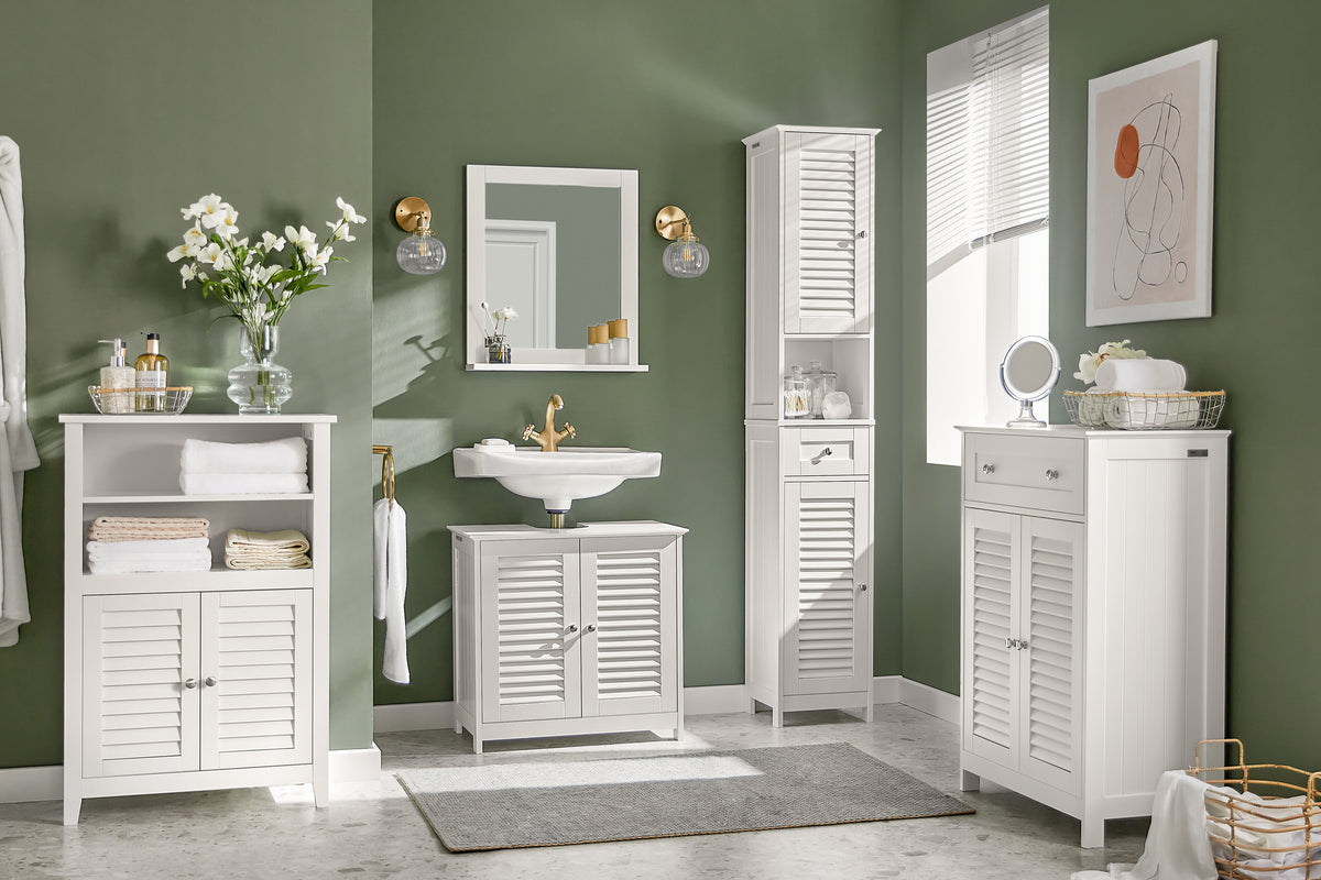 SoBuy FRG236-W, Tall Bathroom Storage Cabinet Freestanding Bathroom Unit with 2 Doors, Drawer and Open Shelf Narrow Bathroom Furniture for Toilet Laundry or Hallway White W32 x D30 x H170cm