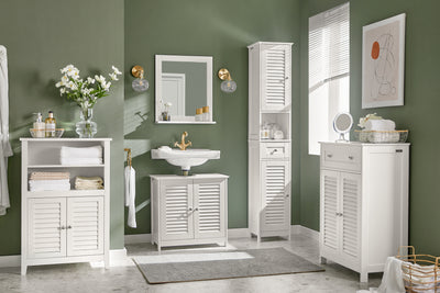 SoBuy FRG236-W, Tall Bathroom Storage Cabinet Freestanding Bathroom Unit with 2 Doors, Drawer and Open Shelf Narrow Bathroom Furniture for Toilet Laundry or Hallway White W32 x D30 x H170cm