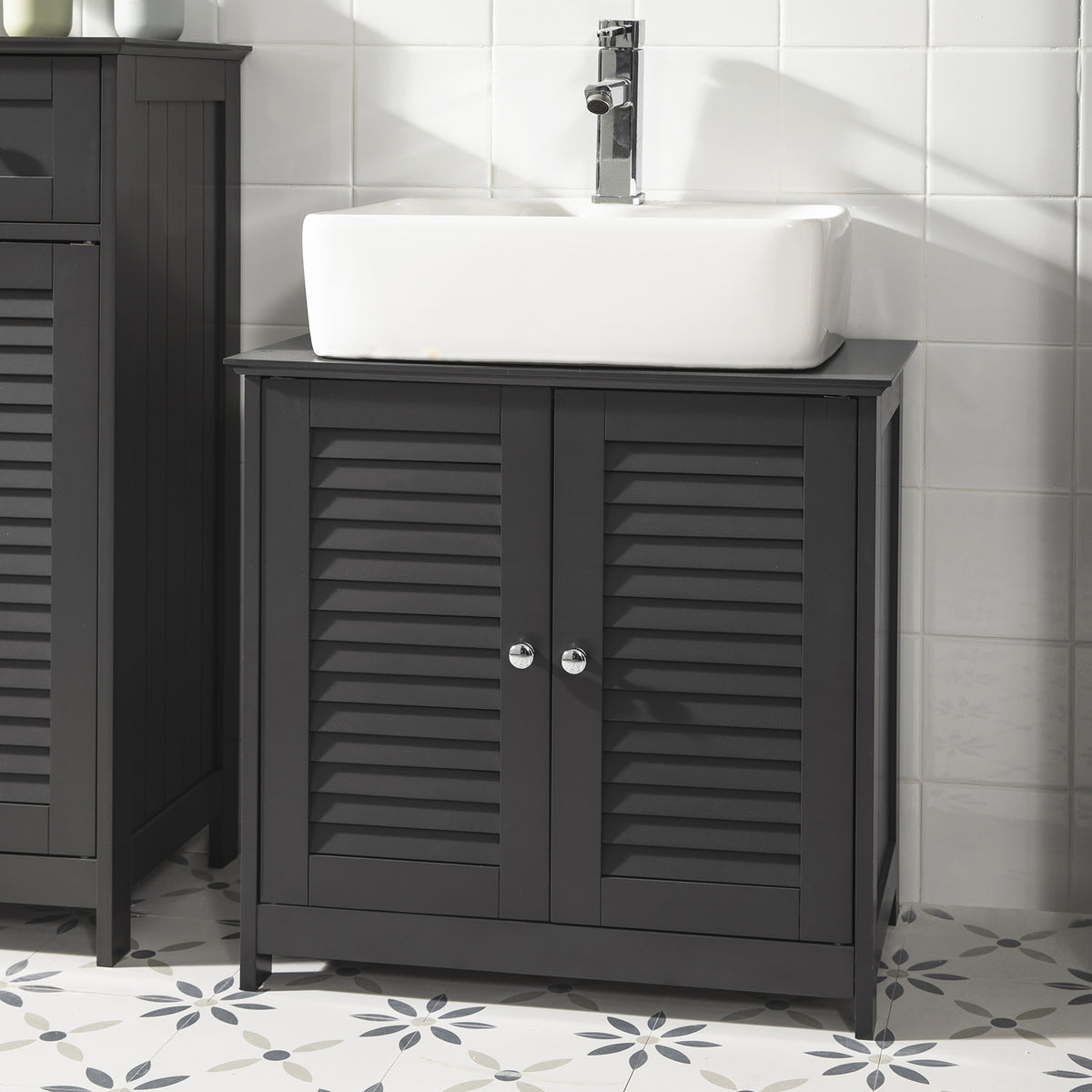 SoBuy FRG237-DG, Under Sink Bathroom Cabinet with Adjustable Shelves, MDF Bathroom Storage Unit for Under Sink Storage, Anti-Mold Louvered Door, Dark Grey,W60 x D35 x H58cm