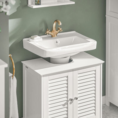 SoBuy FRG237-II-W, Under Sink Bathroom Cabinet with Adjustable Shelves, MDF Bathroom Storage Unit for Under Sink Storage, Anti-Mold Louvered Door, suitable for Pedestal Sinks, White, 60x58x35cm