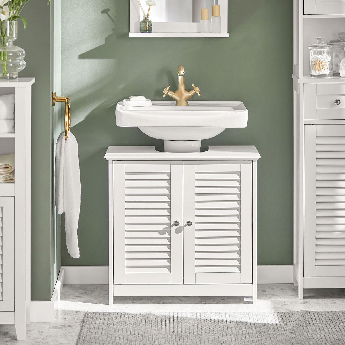 SoBuy FRG237-II-W, Under Sink Bathroom Cabinet with Adjustable Shelves, MDF Bathroom Storage Unit for Under Sink Storage, Anti-Mold Louvered Door, suitable for Pedestal Sinks, White, 60x58x35cm