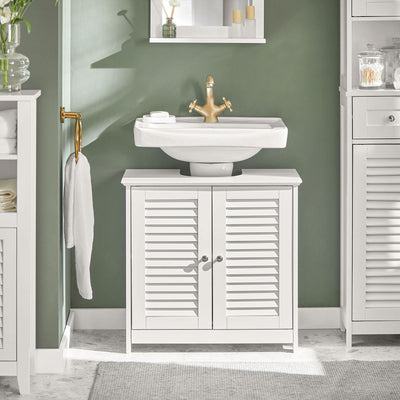 SoBuy FRG237-II-W, Under Sink Bathroom Cabinet with Adjustable Shelves, MDF Bathroom Storage Unit for Under Sink Storage, Anti-Mold Louvered Door, suitable for Pedestal Sinks, White, 60x58x35cm