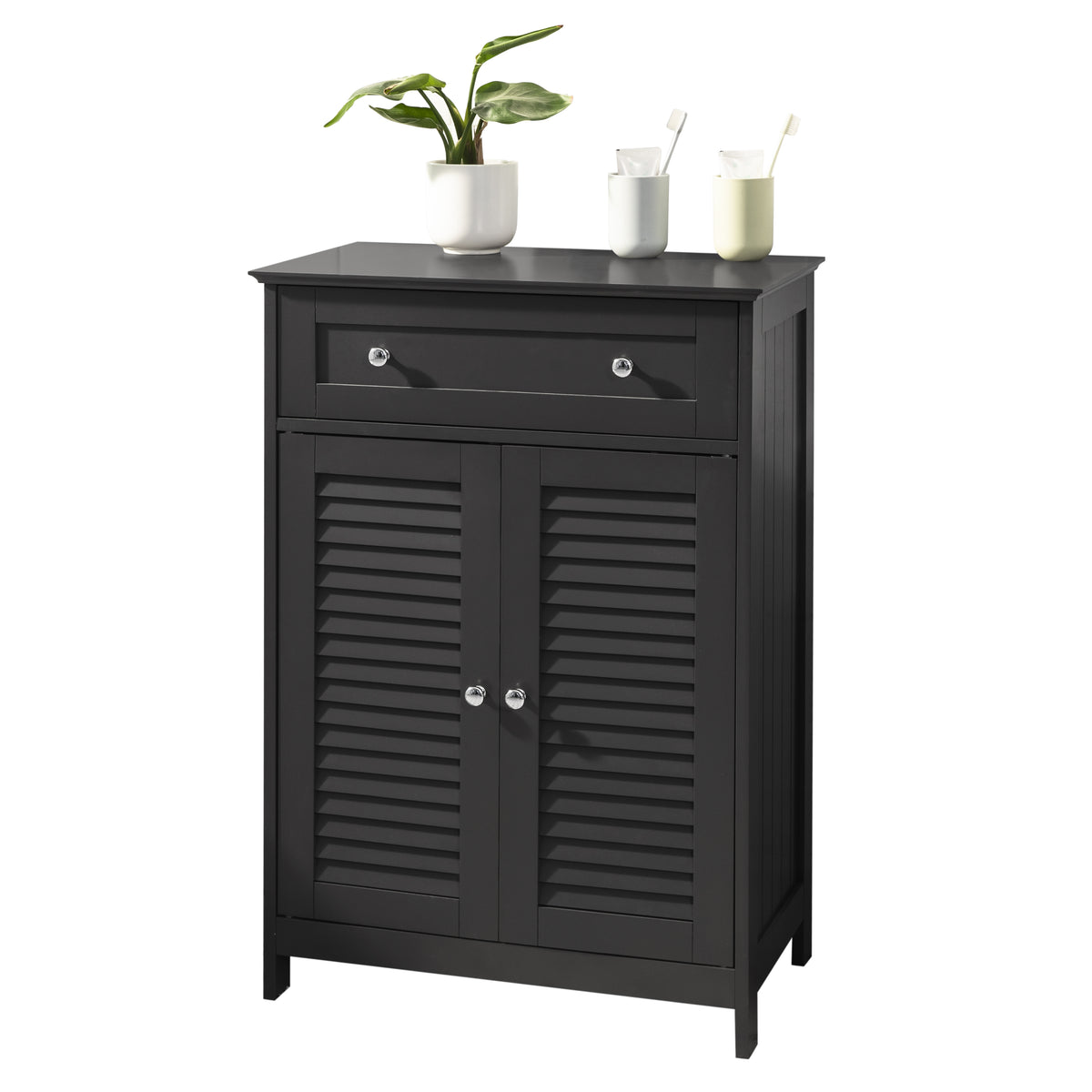 SoBuy FRG238-DG bathroom cabinet with drawer and louvered doors dark grey – white background