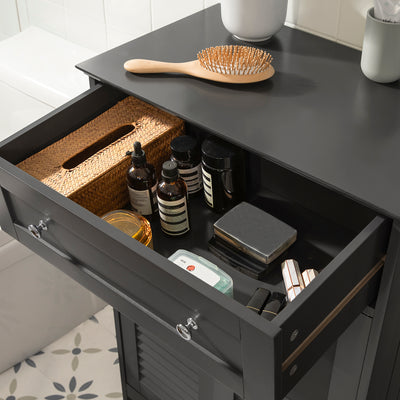 SoBuy FRG238-DG bathroom cabinet in situ showing full storage capacity