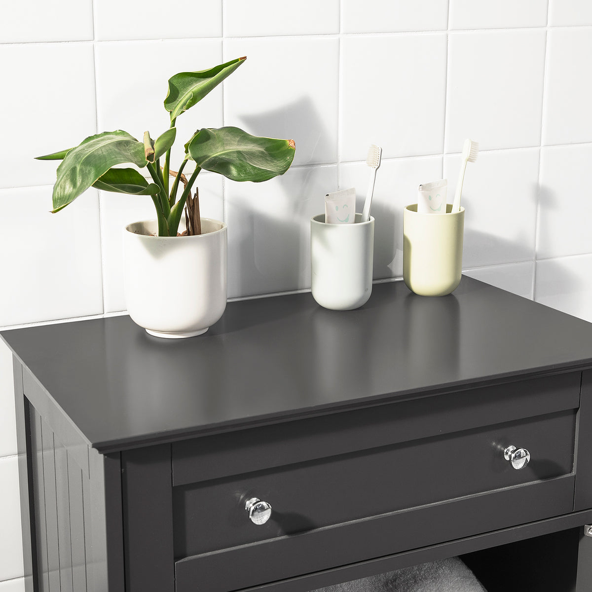SoBuy FRG238-DG bathroom cabinet with drawer and louvered doors full overview dark grey