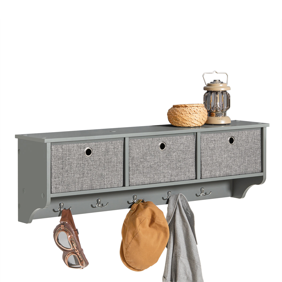 SoBuy FRG282-HG grey wall mounted coat rack with 3 fabric baskets and 5 hooks – white background