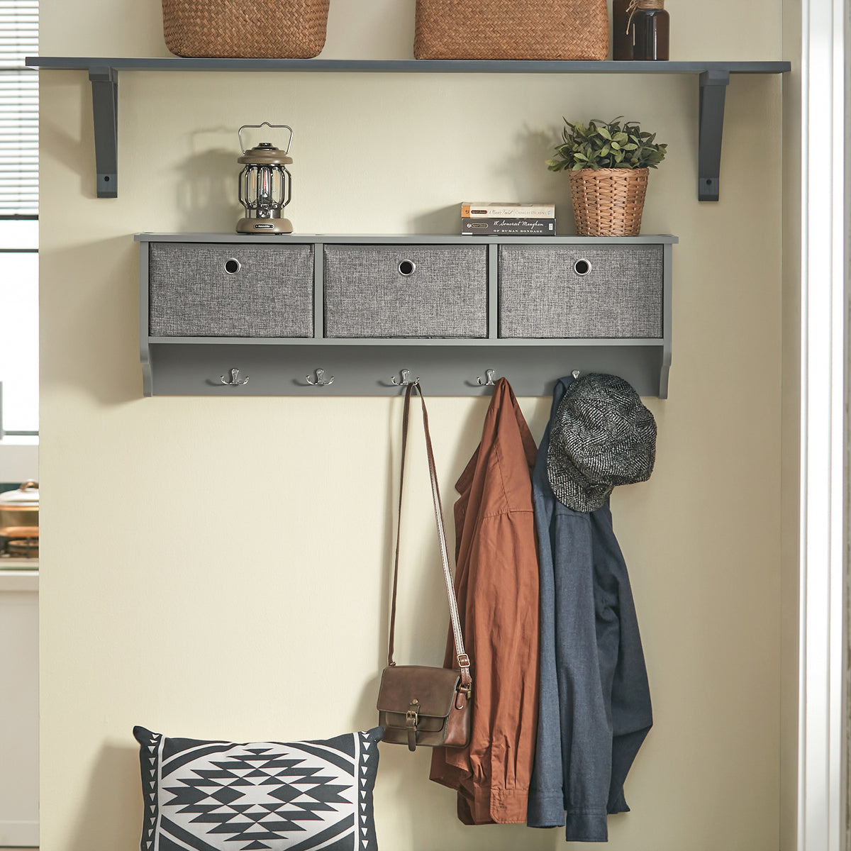 SoBuy FRG282-HG wall coat rack installed in hallway with coats bags and accessories on hooks