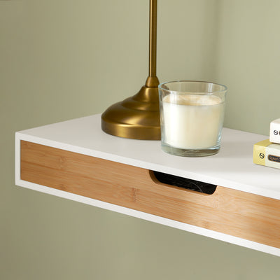 SoBuy FRG93-WN cut-out handle close-up – integrated curved handle on floating drawer shelf white natural