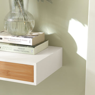 SoBuy FRG93-WN wall mounting hardware detail – anti-fall device and screw fixings for floating shelf