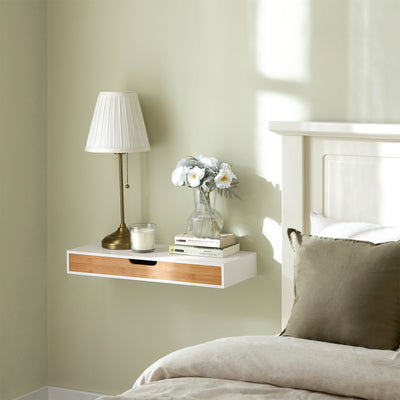 SoBuy FRG93-WN floating shelf with drawer in hallway setting – white natural wood wall storage
