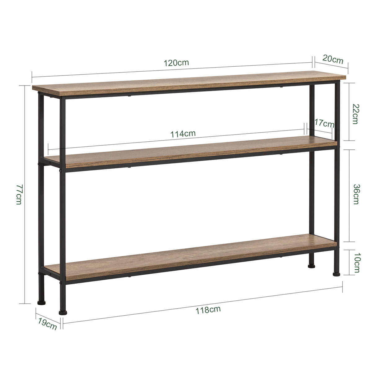 SoBuy FSB49-PZ, Console Table Narrow Side Table Slim Console Table – 3 Tier Display Storage for Entryway, Living Room, Hallway – Modern Rustic Table with Metal Frame, W120 x D20 x H77cm