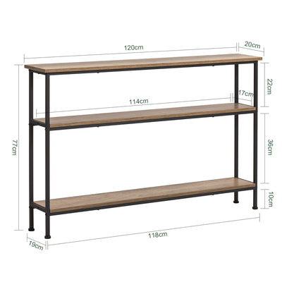 SoBuy FSB49-PZ, Console Table Narrow Side Table Slim Console Table – 3 Tier Display Storage for Entryway, Living Room, Hallway – Modern Rustic Table with Metal Frame, W120 x D20 x H77cm