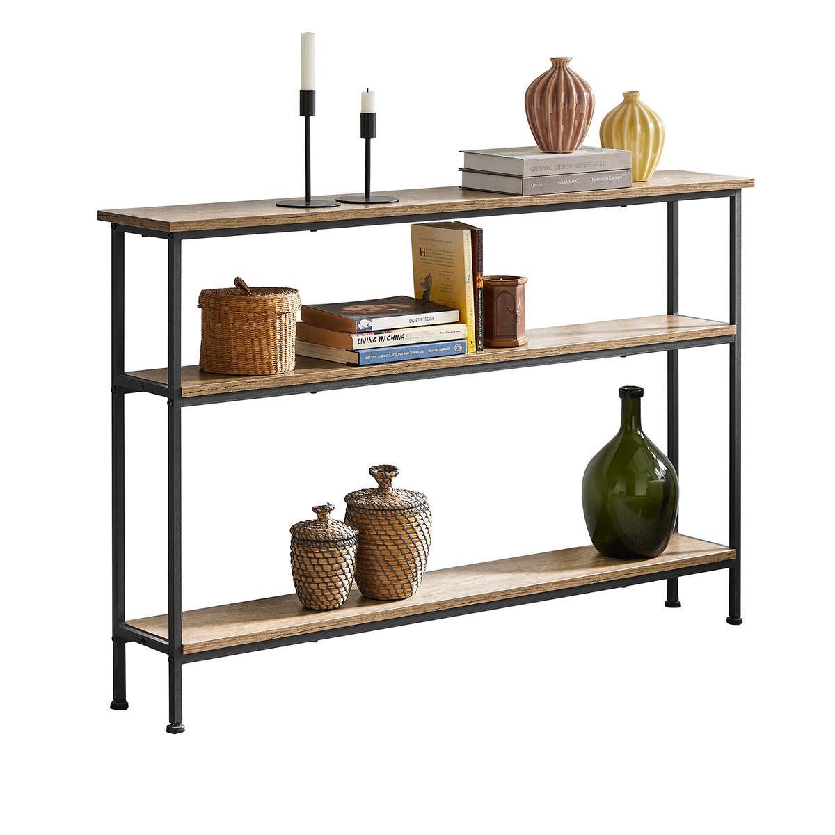 SoBuy FSB49-PZ, Console Table Narrow Side Table Slim Console Table – 3 Tier Display Storage for Entryway, Living Room, Hallway – Modern Rustic Table with Metal Frame, W120 x D20 x H77cm