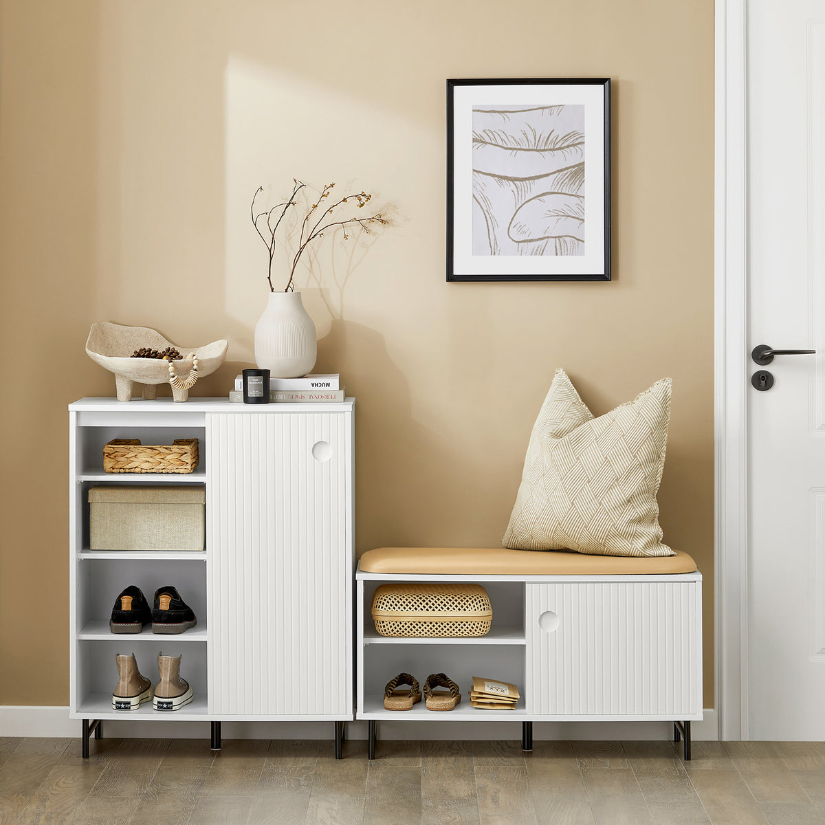 SoBuy FSB62-W, Sideboard Cabinet Storage Cupboard – Sliding Doors Hallway Shoe Organizer with Adjustable Shelves - White Sideboard for Living Room, Kitchen, Entryway – 60kg Load