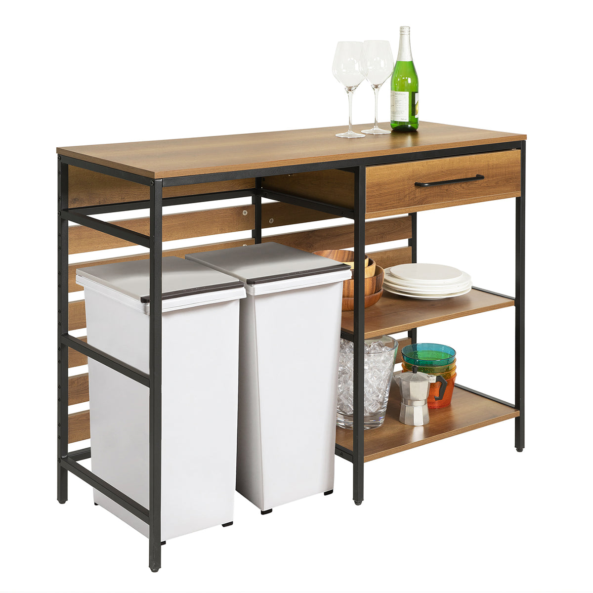 SoBuy FSB71-PF, Kitchen Island on Wheels with Worktop, Free Standing Kitchen Storage Unit, Kitchen Trolley Cabinet with Drawer and Shelves, Butchers Block Trolley, W120×D45×H90cm