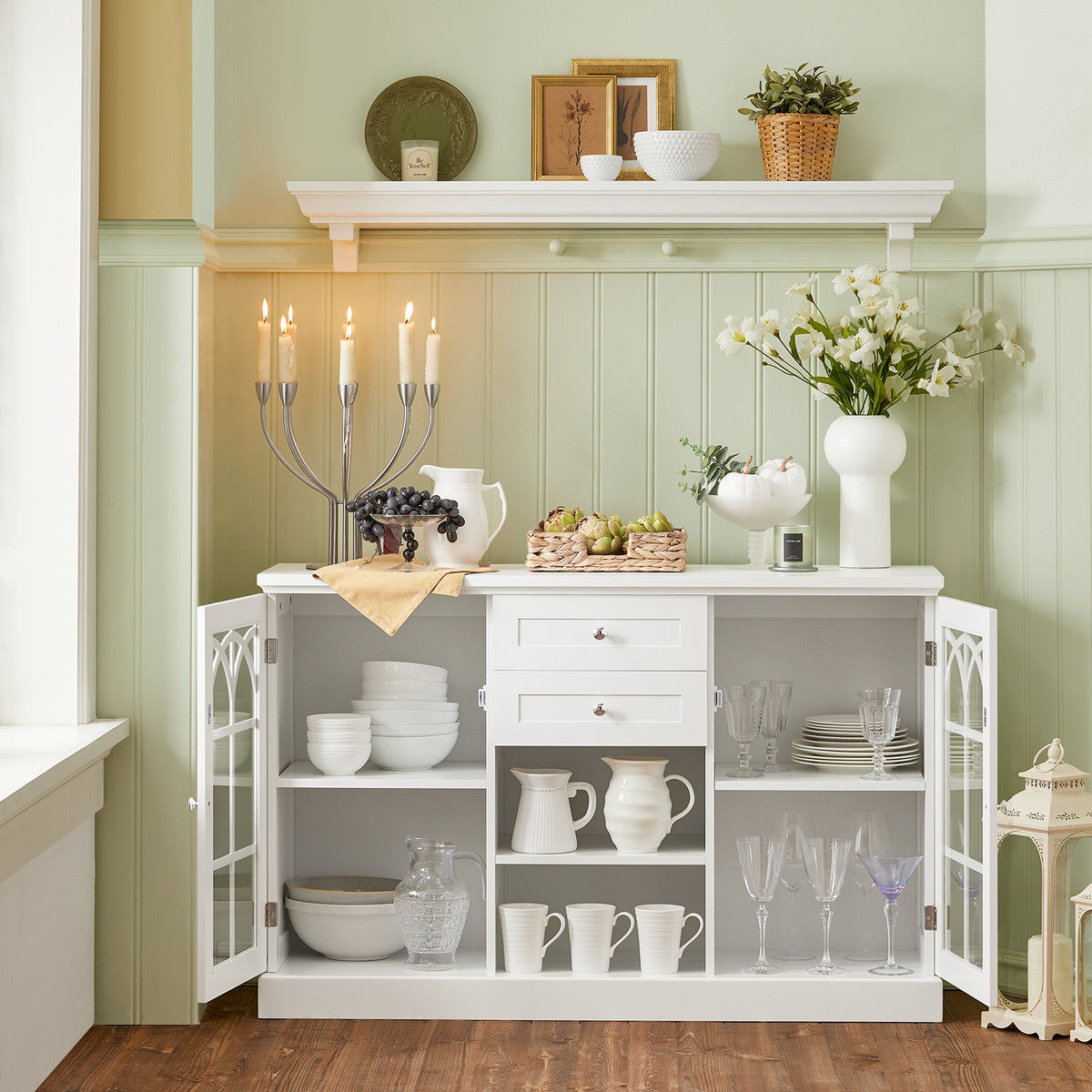 SoBuy FSB79-W, Storage Cabinet Cupboard Sideboard with 2 Glass Doors and 2 Drawers, White