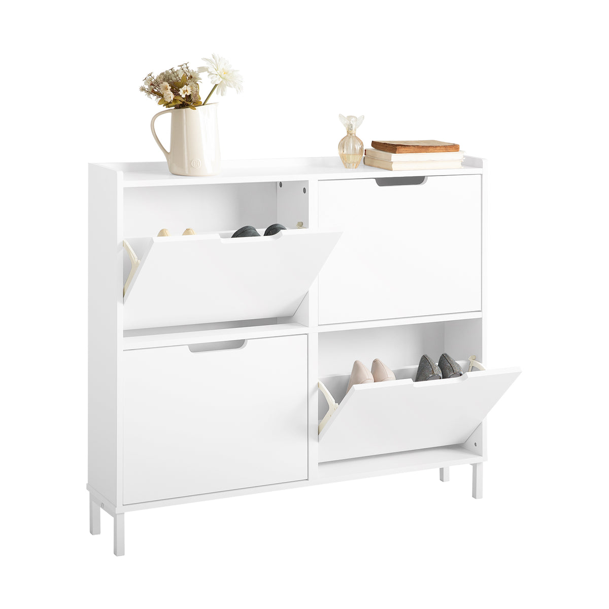 SoBuy FSR100-W, Narrow Shoe Rack Shoe Cabinet with 4 Flip Drawers Slim Wooden Storage Cupboard for Hallway Entrance Foyer or Understairs White W100 x D19 x H91cm
