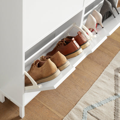 SoBuy FSR100-W, Narrow Shoe Rack Shoe Cabinet with 4 Flip Drawers Slim Wooden Storage Cupboard for Hallway Entrance Foyer or Understairs White W100 x D19 x H91cm