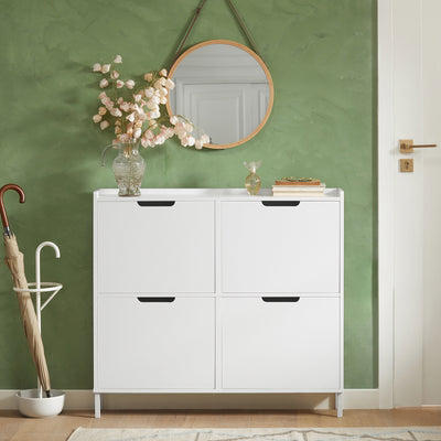SoBuy FSR100-W, Narrow Shoe Rack Shoe Cabinet with 4 Flip Drawers Slim Wooden Storage Cupboard for Hallway Entrance Foyer or Understairs White W100 x D19 x H91cm