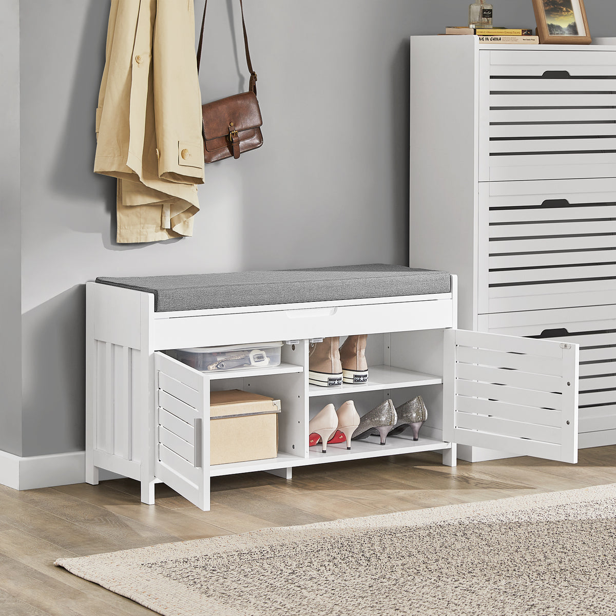 SoBuy FSR102-W, Shoe Rack Shoe Storage Bench with Folding Padded Seat - Adjustable Storage Shelves - Ideal for Entryway, Hallway, Bedroom - Modern Design, White, 90x33x50cm, 100kg Capacity