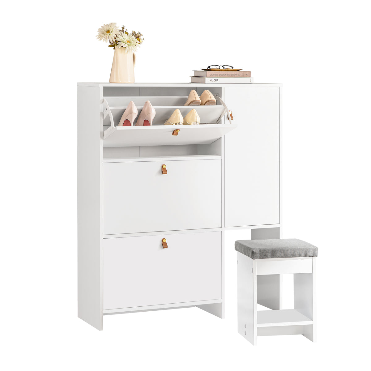SoBuy FSR107-W, Hallway Shoe Cabinet Shoe Rack Shoe Storage Cupboard with 3 Drawers 1 Door and 1 Stool, White