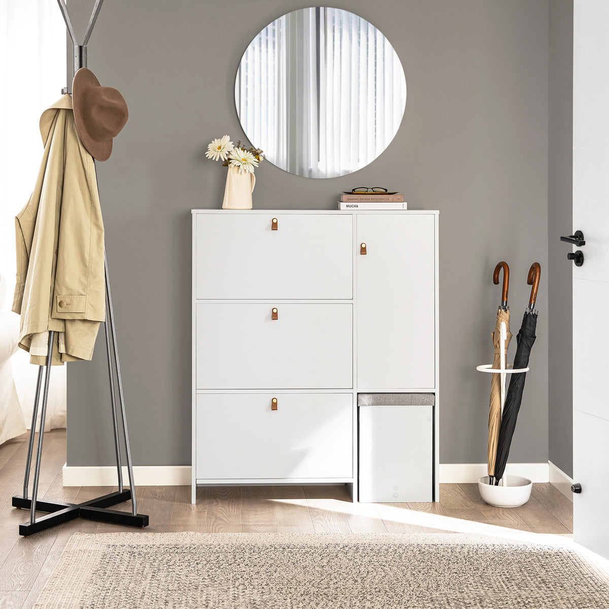 SoBuy FSR107-W, Hallway Shoe Cabinet Shoe Rack Shoe Storage Cupboard with 3 Drawers 1 Door and 1 Stool, White