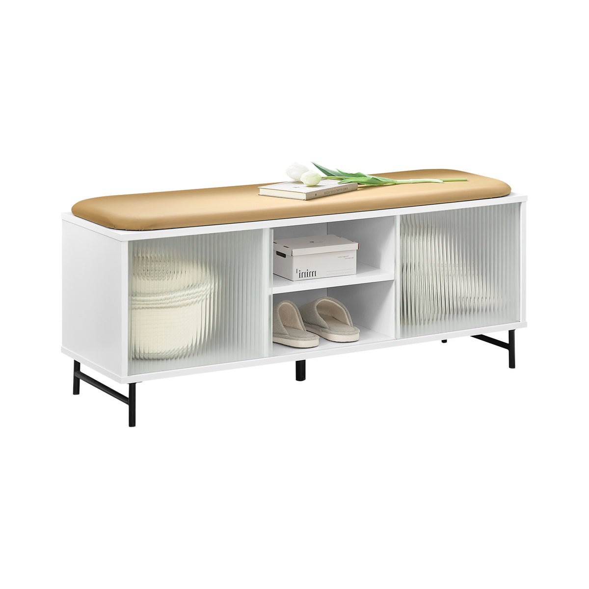 SoBuy FSR115-W, Hallway Storage Bench Shoe Cabinet With Glass Sliding Doors And Seat Cushion, White