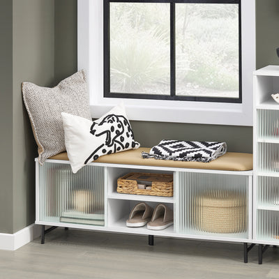 SoBuy FSR115-W, Hallway Storage Bench Shoe Cabinet With Glass Sliding Doors And Seat Cushion, White