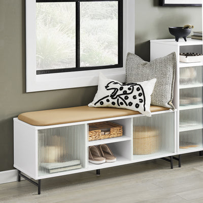SoBuy FSR115-W, Hallway Storage Bench Shoe Cabinet With Glass Sliding Doors And Seat Cushion, White
