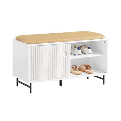 SoBuy FSR116-W, Hallway Storage Bench Shoe Rack with Sliding Doors and Seat Cushion, White