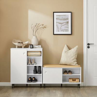 SoBuy FSR116-W, Hallway Storage Bench Shoe Rack with Sliding Doors and Seat Cushion, White